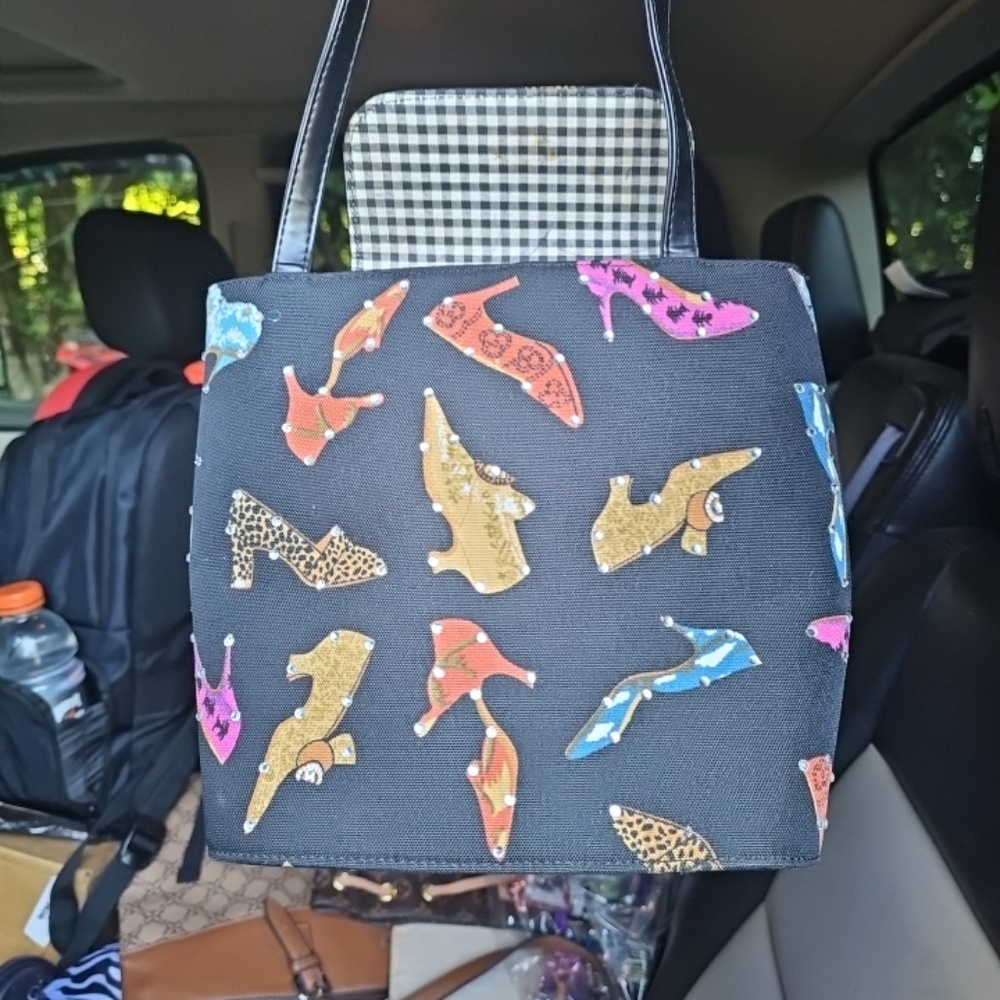 Whimsical Shoe Print‎ Tote Bag with Rhinestones & Gingham Lining